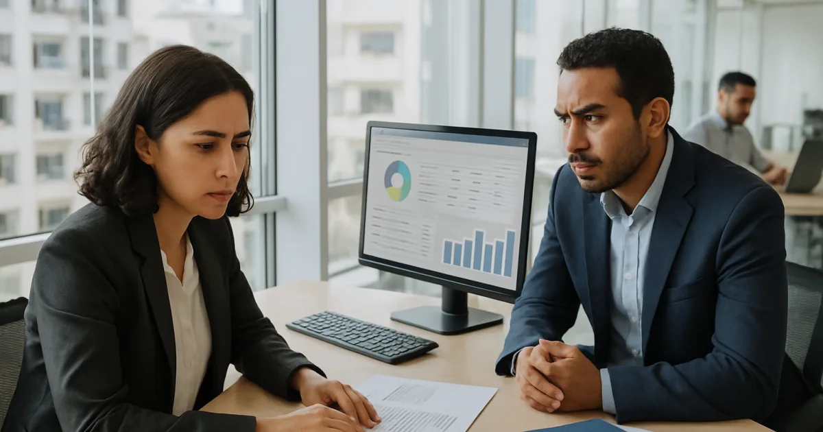 Une entrepreneure marocaine consulte un tableau de gestion financière sur son ordinateur dans un bureau moderne à Casablanca