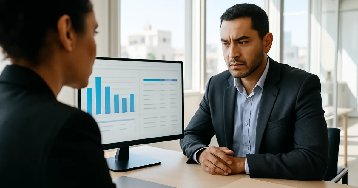 Un entrepreneur marocain en bureau moderne consulte un logiciel de gestion financière avec graphiques, lumière du jour et vue sur Casablanca.