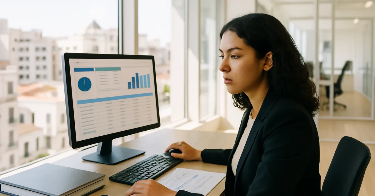 Une entrepreneure marocaine en tenue professionnelle travaille sur la clôture comptable de sa TPE dans un bureau moderne à Casablanca.