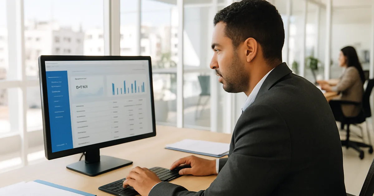 Professionnel en bureau moderne à Casablanca consultant une application de gestion fiscale sur ordinateur