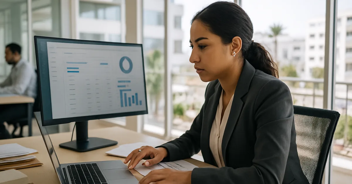 Une femme professionnelle vérifie une application de gestion financière dans un bureau moderne à Casablanca