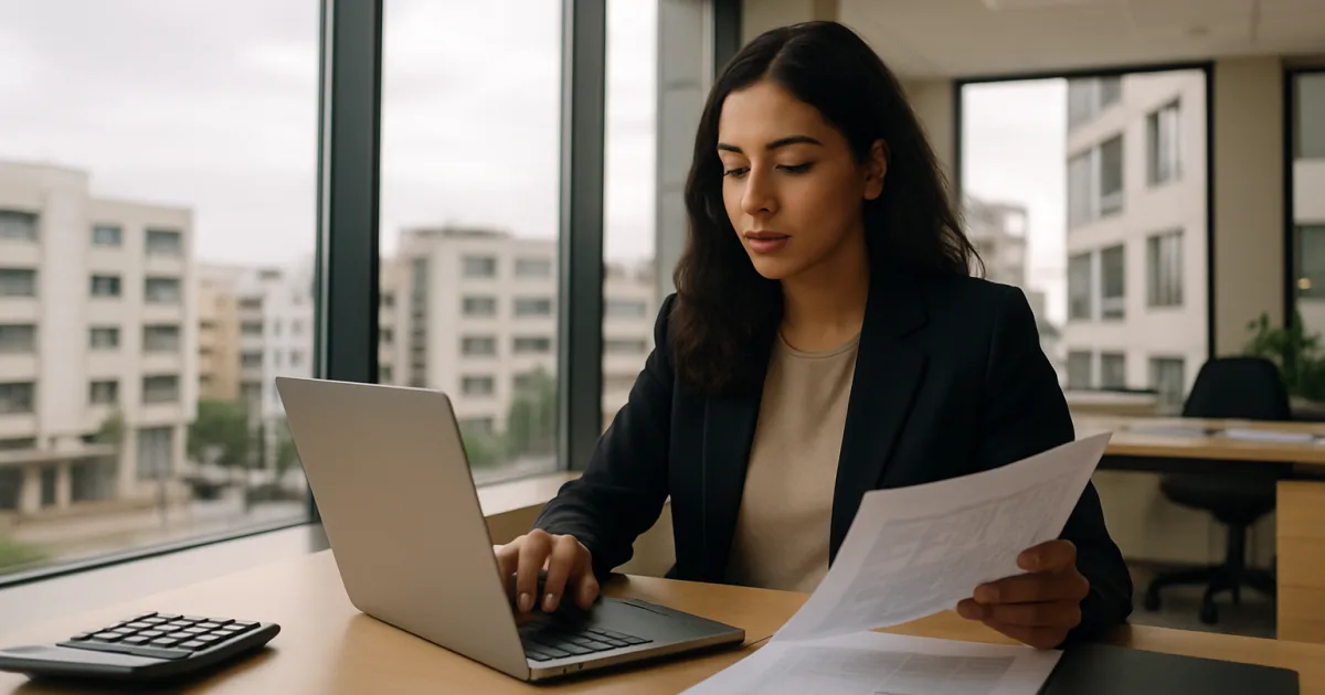 Une jeune femme d'affaires marocaine dans un bureau moderne à Casablanca, examinant des documents financiers et utilisant un ordinateur portable.