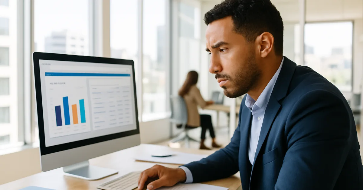 Professionnel en entreprise préparant la déclaration fiscale de l'impôt sur les sociétés sur un logiciel de gestion au bureau moderne à Casablanca