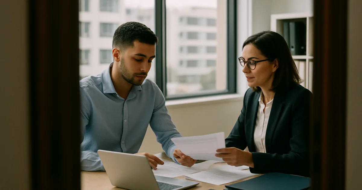 Un jeune entrepreneur marocain dans un bureau moderne à Casablanca consulte ses documents fiscaux avec un comptable