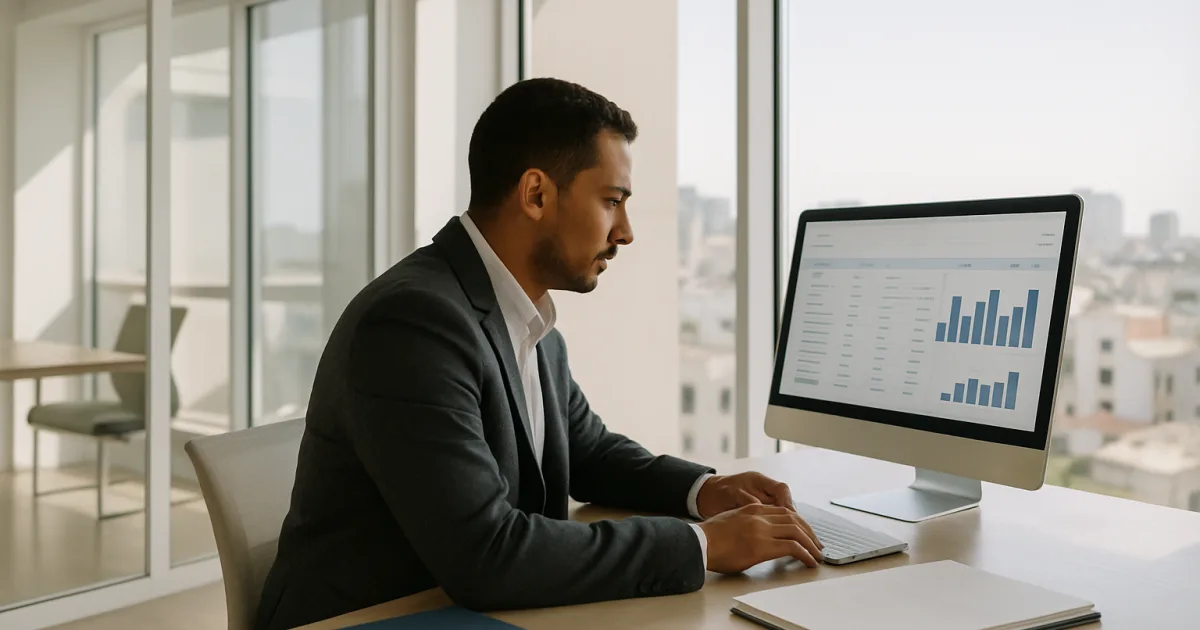 Professionnel en tenue moderne vérifiant des données financières sur un écran lumineux dans un bureau contemporain à Casablanca