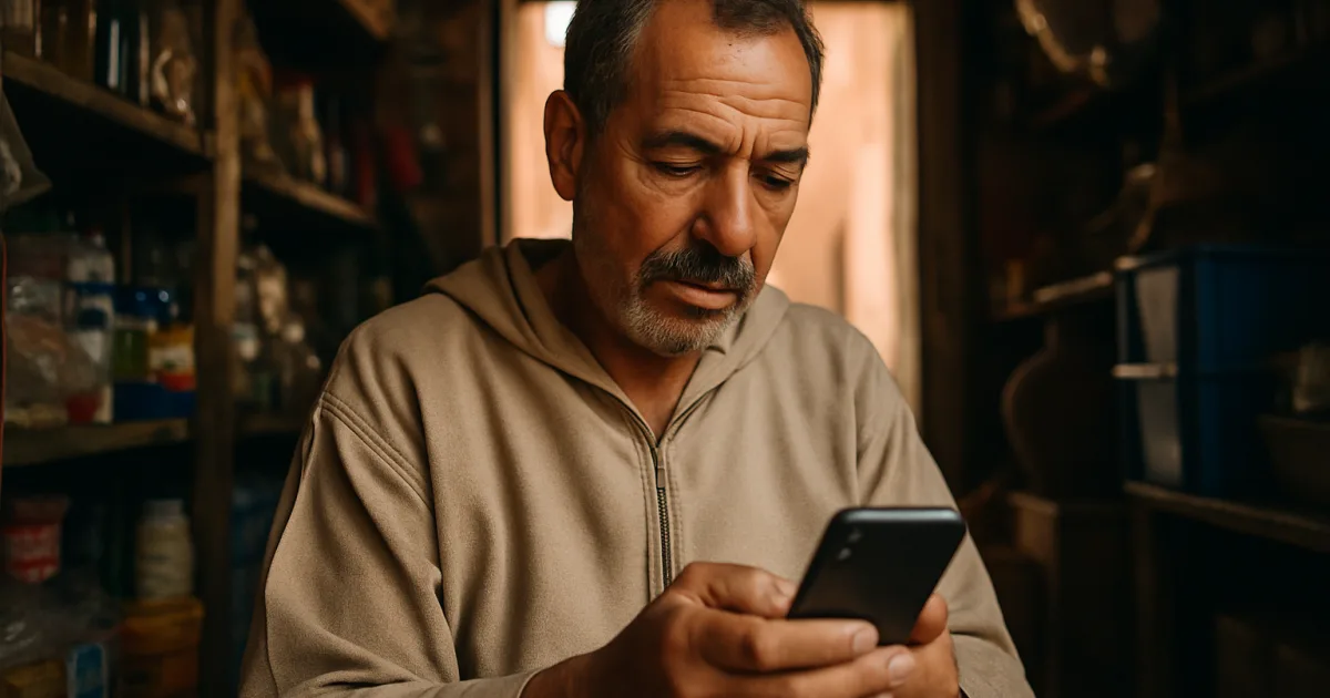Un commerçant consultant son téléphone