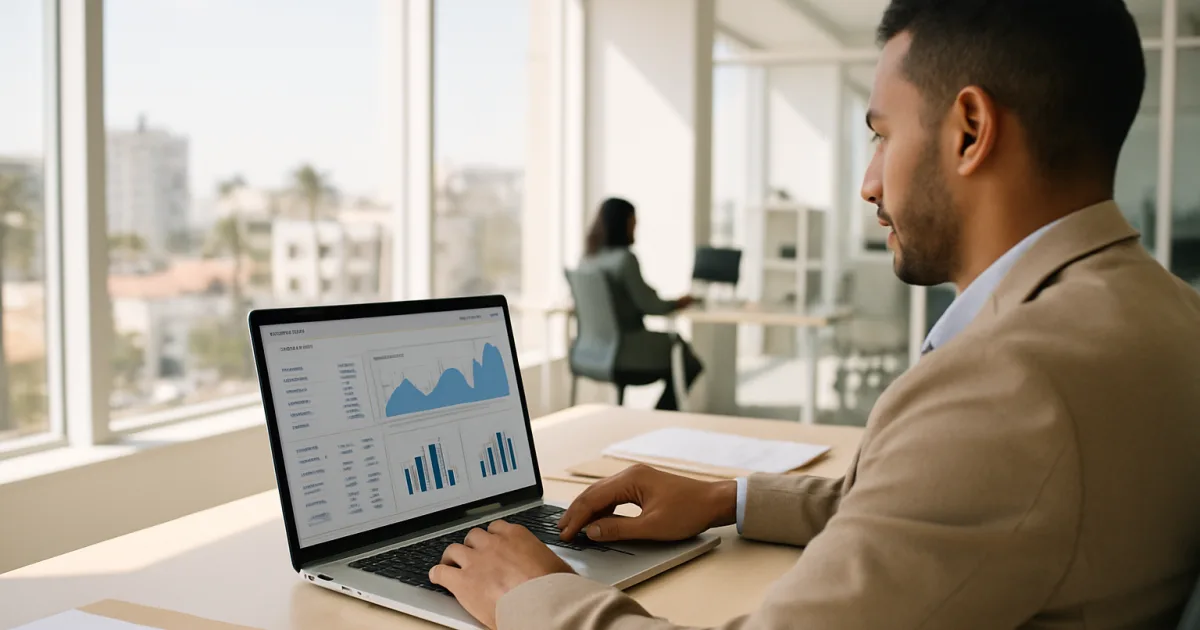 Un professionnel en bureau moderne à Casablanca consulte un tableau de gestion sur son ordinateur