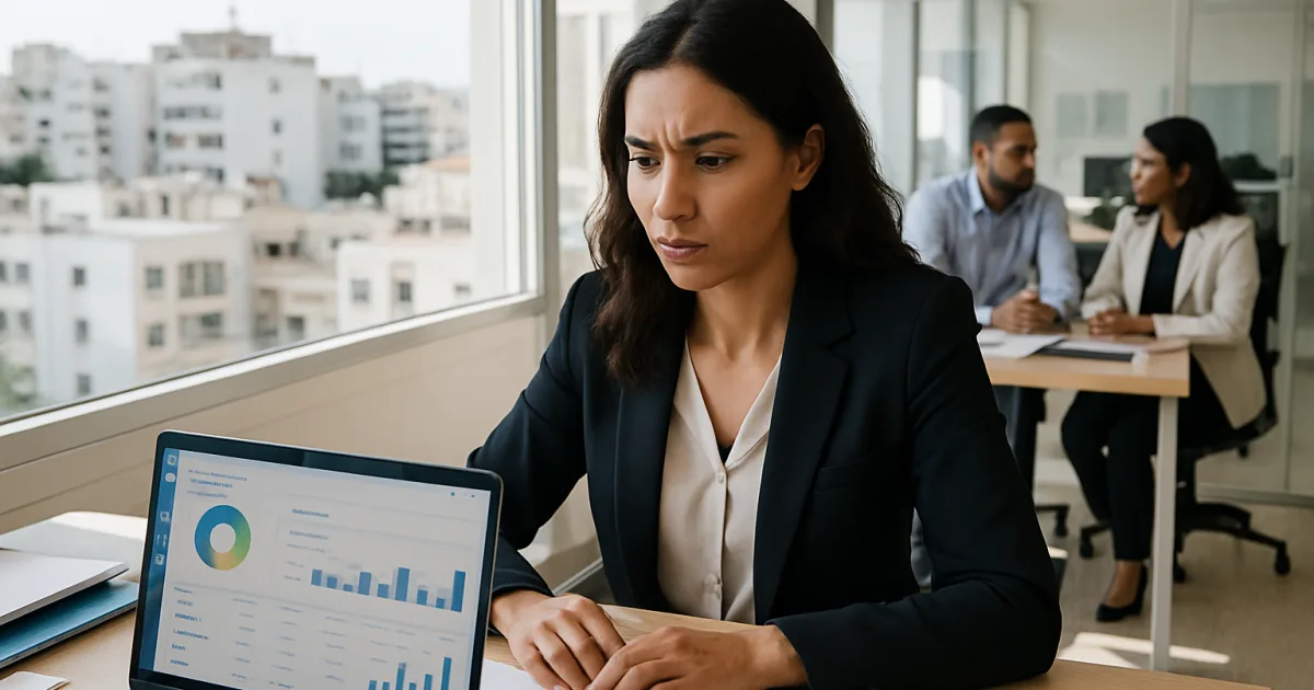 Femme d'affaires travaillant dans un bureau moderne à Casablanca sur la gestion de trésorerie via un logiciel financier