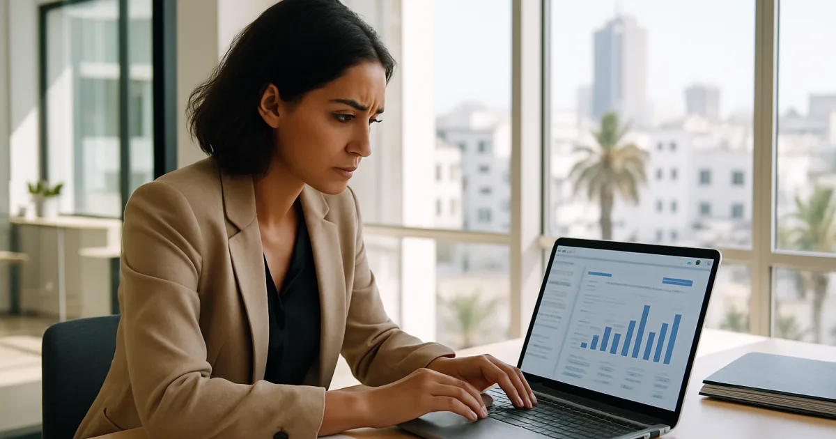 Une entrepreneure marocaine travaille sur la gestion fiscale de sa TPE dans un bureau moderne à Casablanca